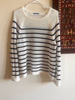 J. McLaughlin White Open-Knit Crewneck Sweater with Navy Stripes